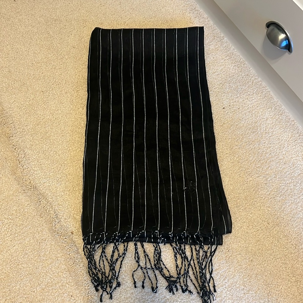 Ralph Lauren Black and White Striped Pure Linen Fringed Long Scarf